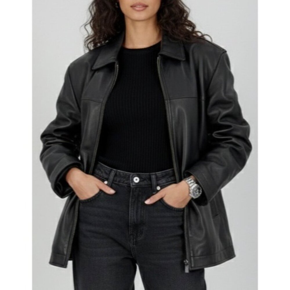 VTG Perry Ellis Portfolio Mens Black Lambskin Leather Jacket | 90s Quiet Luxury - Picture 3 of 16